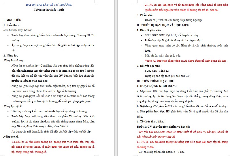 Kế hoạch bài dạy Vật lí 12 Bài 20 NLS
