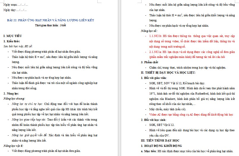 Kế hoạch bài dạy Vật lí 12 Bài 22 tích hợp năng lực số