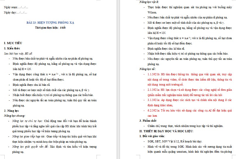 Giáo án NLS Vật lí 12 Bài 23 mới nhất 