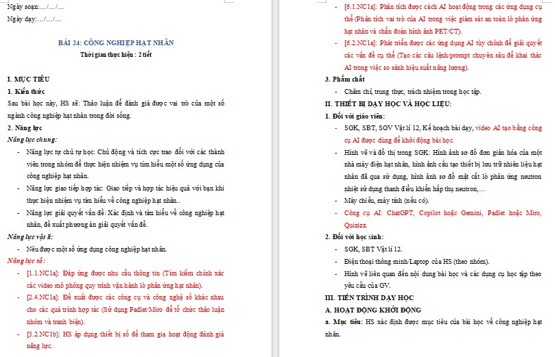 Kế hoạch bài dạy Vật lí Bài 24 NLS