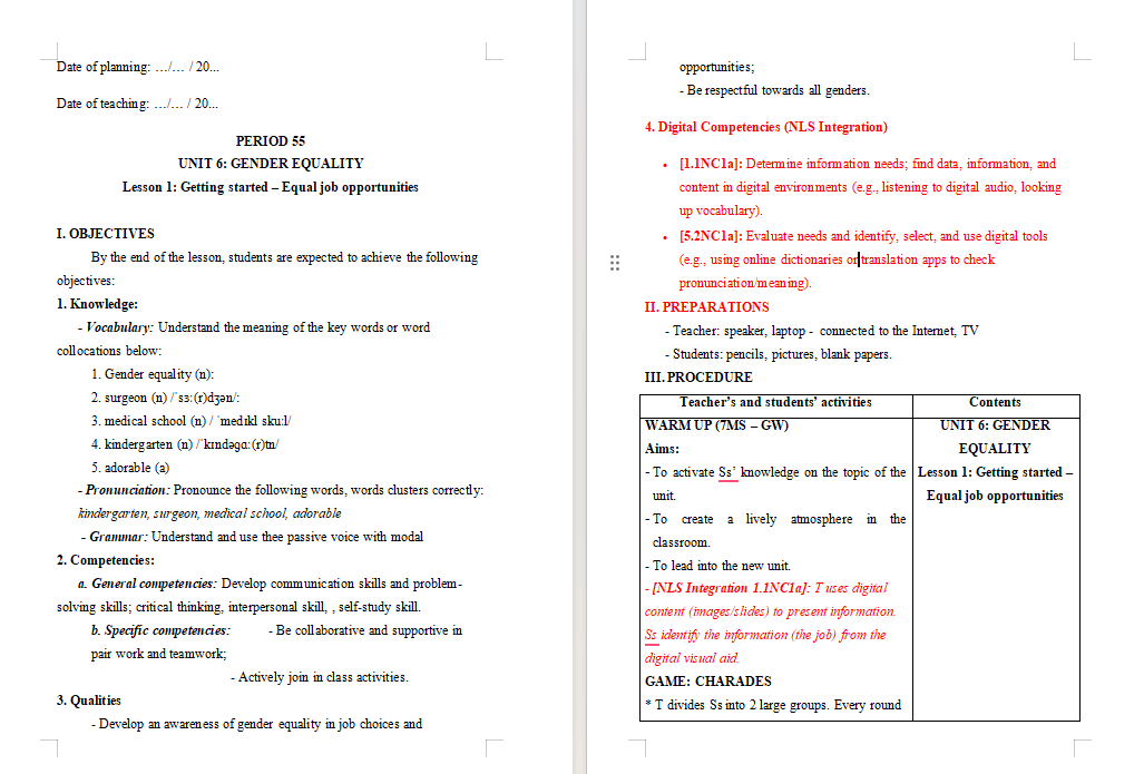 Giáo án tích hợp NLS Tiếng Anh 10 Unit 6: Getting Started