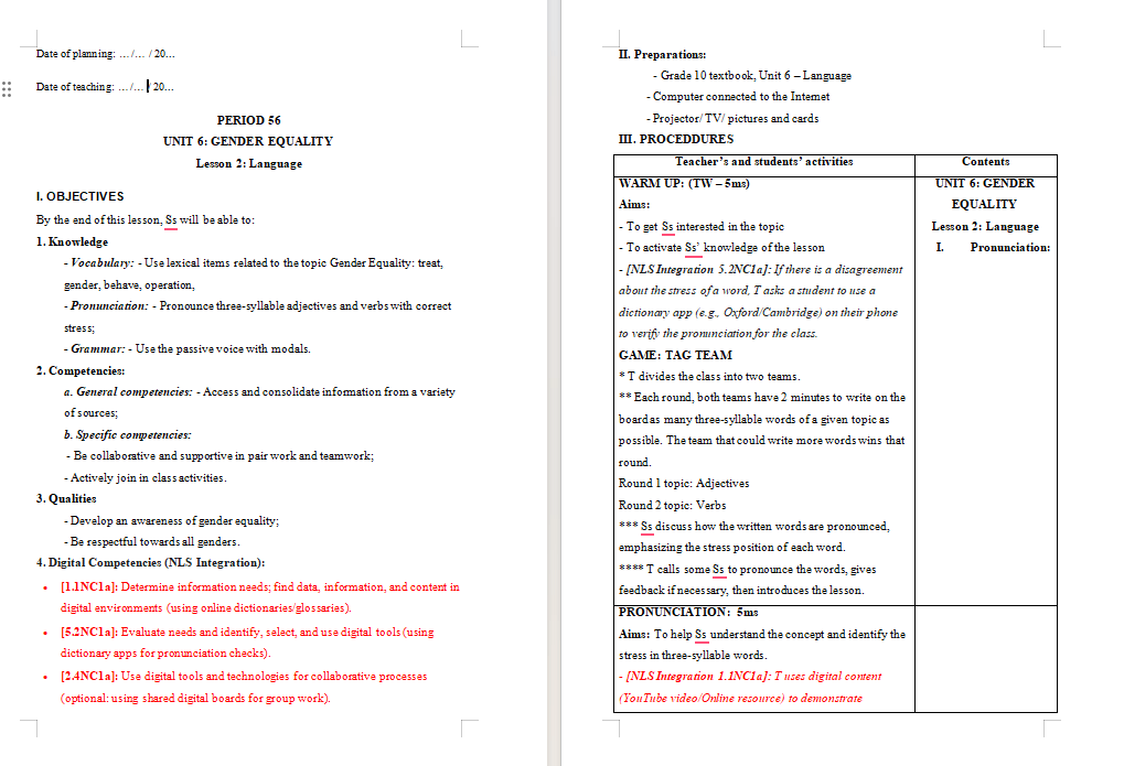 Giáo án tích hợp NLS Tiếng Anh 10 Unit 6: Language