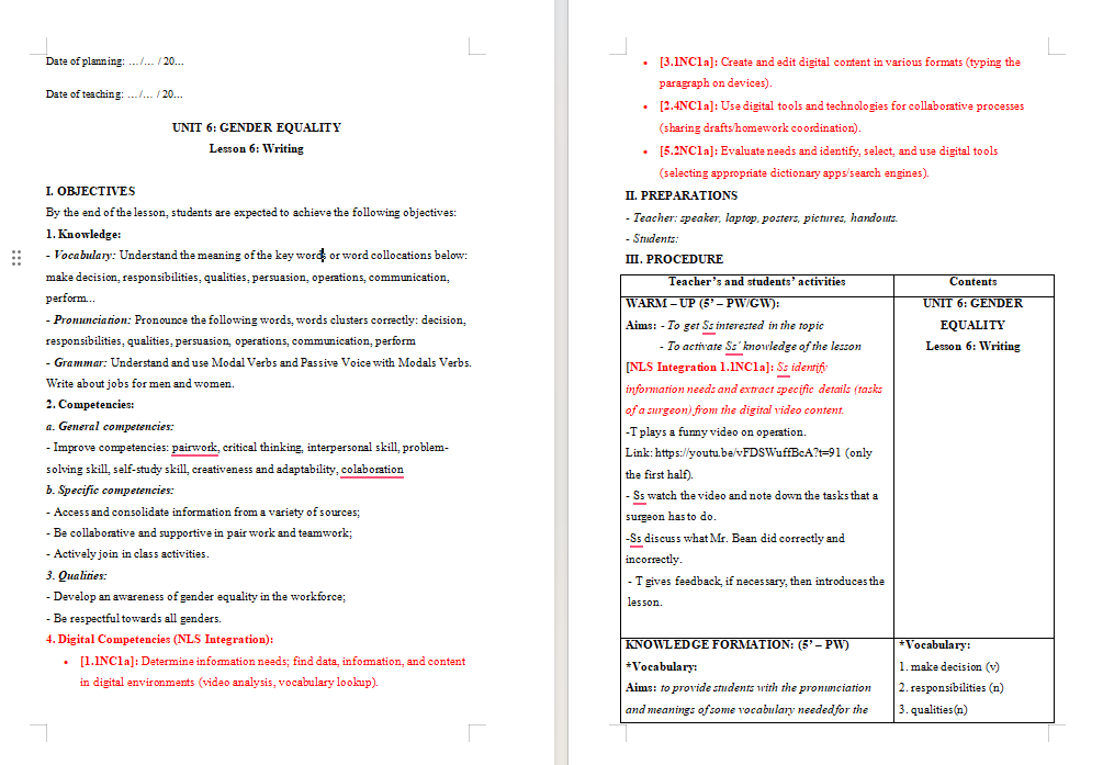 Giáo án tích hợp NLS Tiếng Anh 10 Unit 6: Writing
