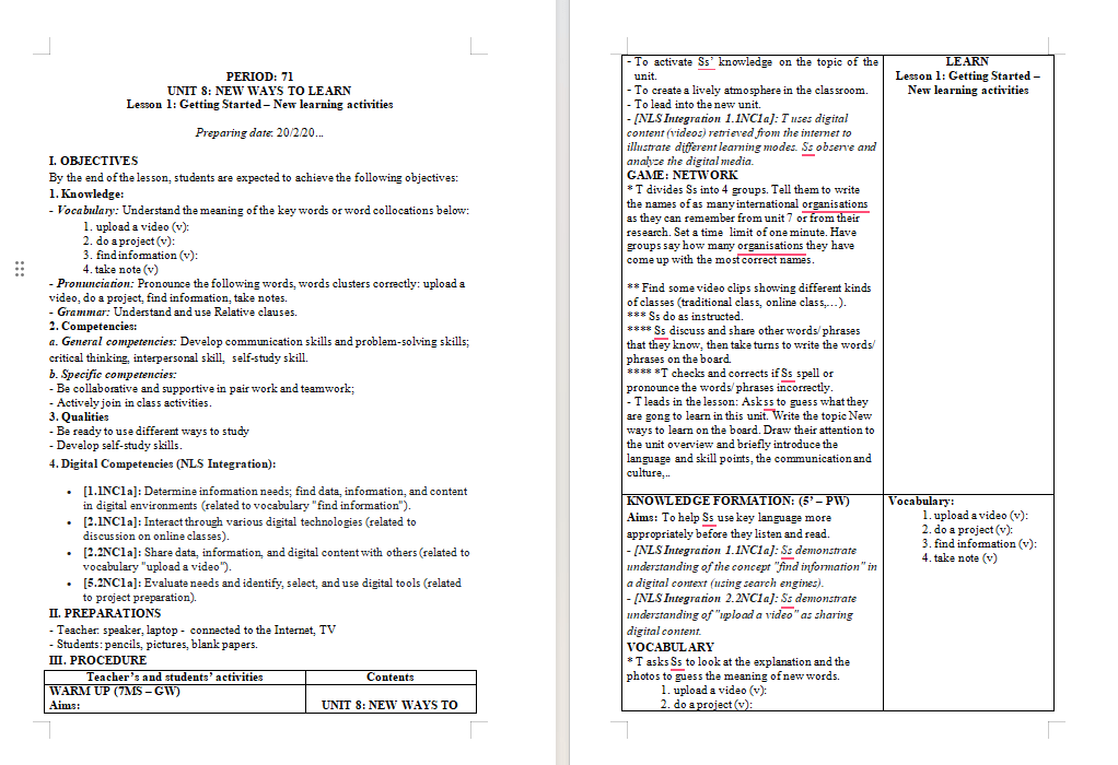 Giáo án tích hợp NLS Tiếng Anh 10 Unit 8: Getting Started