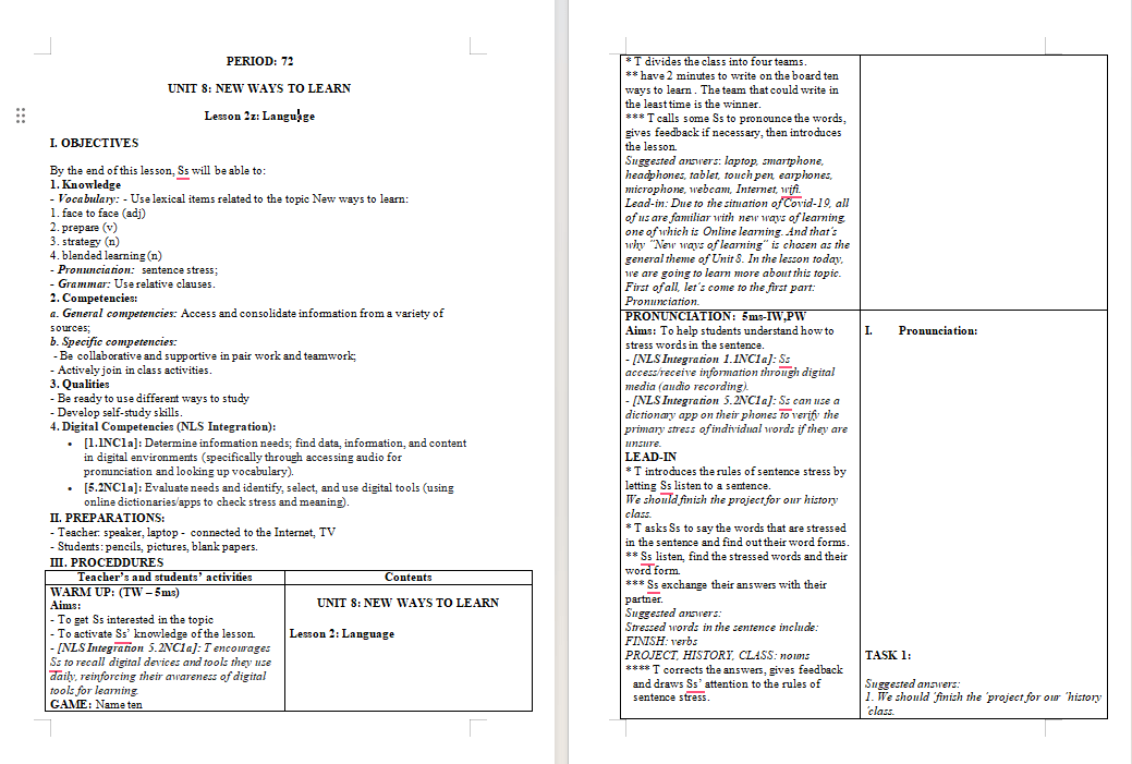 Giáo án tích hợp NLS Tiếng Anh 10 Unit 8: Language
