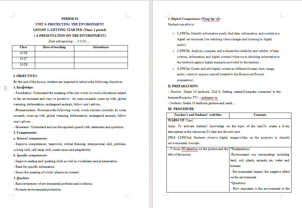 Giáo án tích hợp NLS Tiếng Anh 10 Unit 9: Getting Started