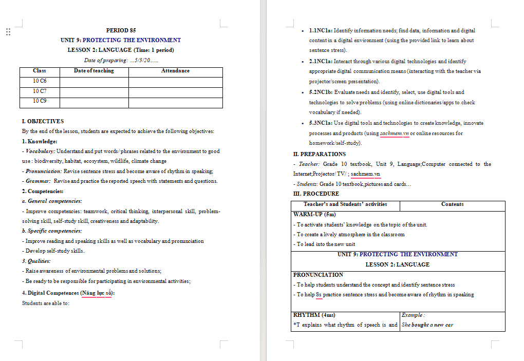 Giáo án tích hợp NLS Tiếng Anh 10 Unit 9: Language