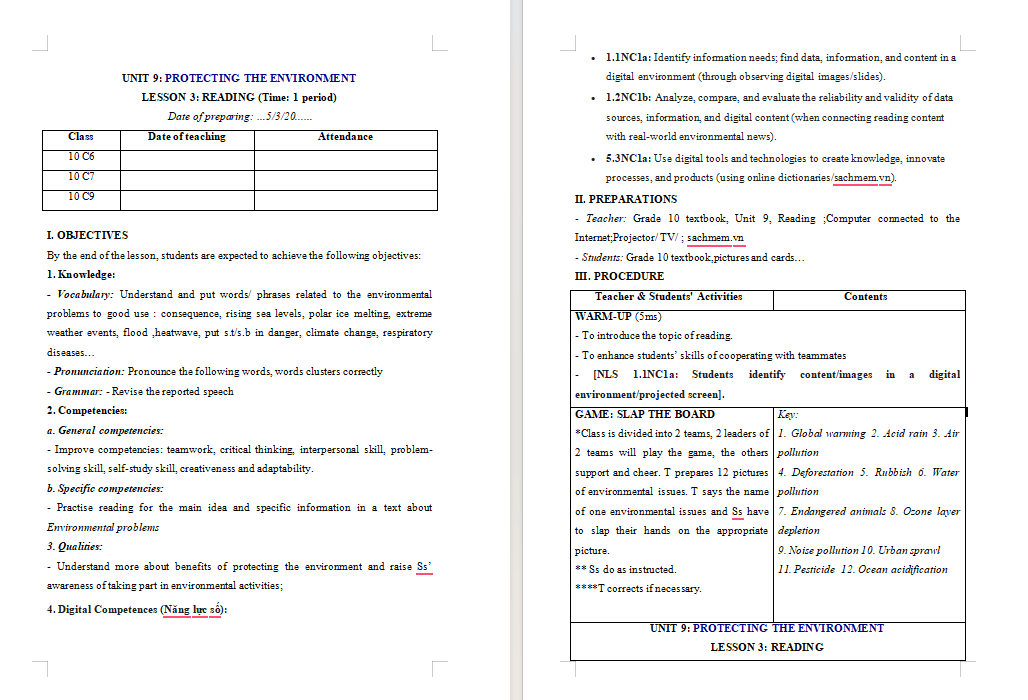 Giáo án tích hợp NLS Tiếng Anh 10 Unit 9: Reading