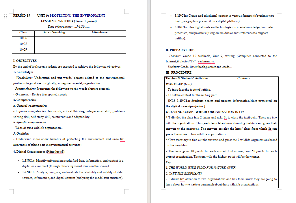 Giáo án tích hợp NLS Tiếng Anh 10 Unit 9: Writing