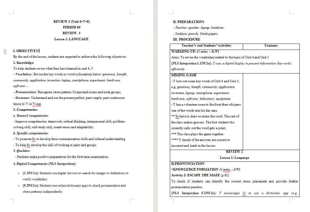 Giáo án Tiếng Anh 10 Review 3: Language tích hợp NLS