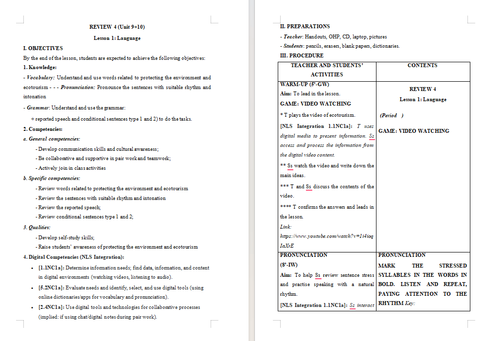 Giáo án tích hợp NLS Tiếng Anh 10 Review 4: Language