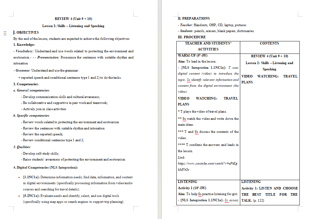Giáo án tích hợp NLS Tiếng Anh 10 Review 4: Skills