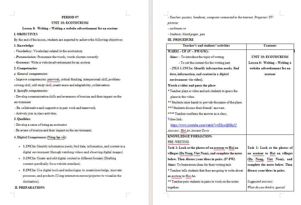Giáo án tích hợp NLS Tiếng Anh 10 Unit 10: Writing
