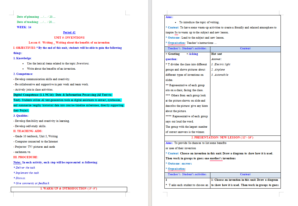 Giáo án tích hợp NLS Tiếng Anh 10 Unit 5: Writing