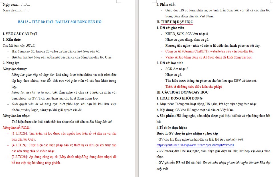 Giáo án tích hợp năng lực số Âm nhạc 8 Tiết 28