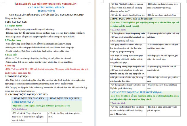 Giáo án tích hợp AI Hoạt động trải nghiệm 4 Tuần 10