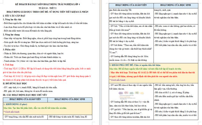 Giáo án tích hợp NLS, AI Hoạt động trải nghiệm 4 Tuần 19