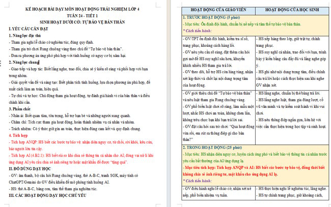 Giáo án tích hợp NLS, AI Hoạt động trải nghiệm 4 Tuần 24