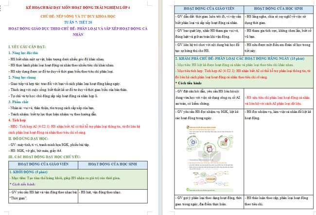Giáo án tích hợp NLS, AI Hoạt động trải nghiệm 4 Tuần 7