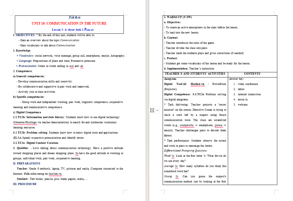 Giáo án tích hợp NLS Tiếng Anh 8 Unit 10: A Closer Look 1