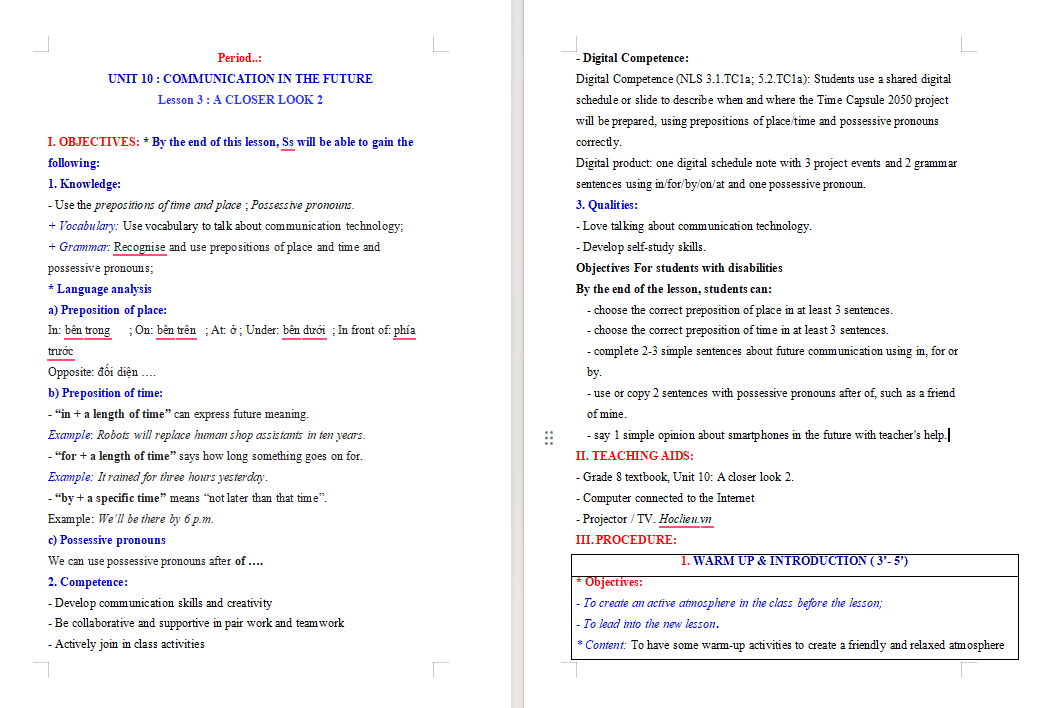 Giáo án tích hợp NLS Tiếng Anh 8 Unit 10: A Closer Look 2