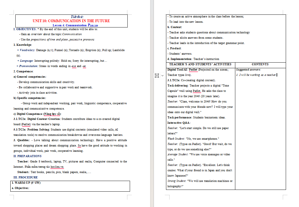 Giáo án tích hợp NLS Tiếng Anh 8 Unit 10: Communication