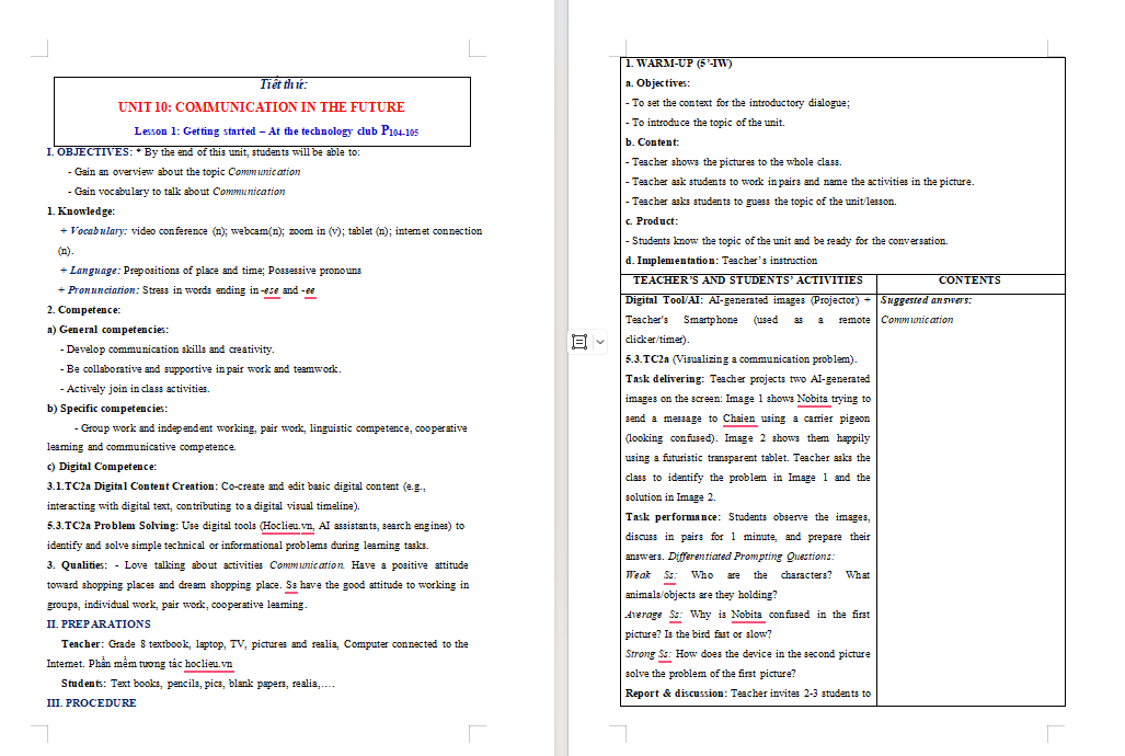 Giáo án tích hợp NLS Tiếng Anh 8 Unit 10: Getting Started