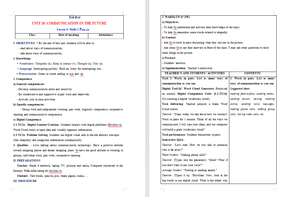 Giáo án tích hợp NLS Tiếng Anh 8 Unit 10: Skills 1