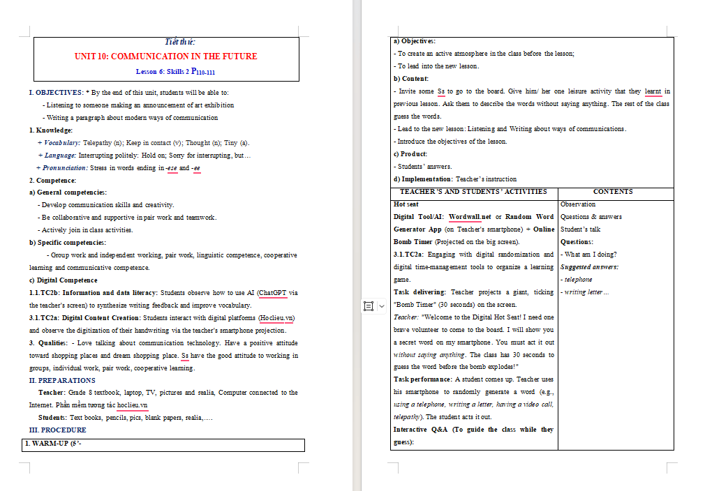 Giáo án tích hợp NLS Tiếng Anh 8 Unit 10: Skills 2