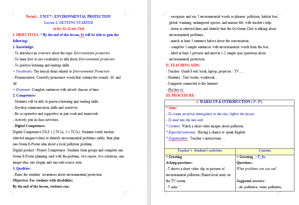 Giáo án tích hợp NLS Tiếng Anh 8 Unit 7: Getting Started