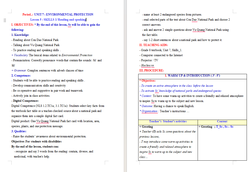 Giáo án tích hợp NLS Tiếng Anh 8 Unit 7: Skills 1