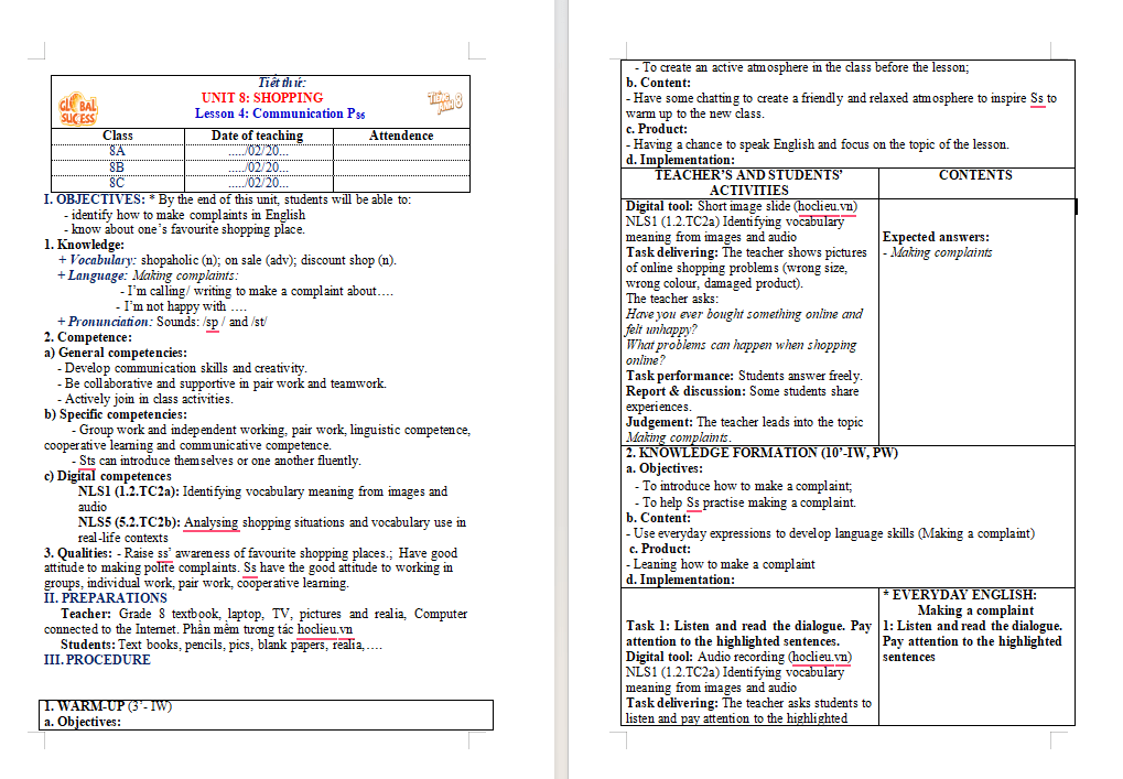 Giáo án tích hợp NLS Tiếng Anh 8 Unit 8: Communication
