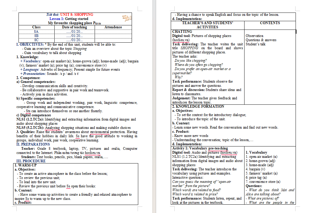 Giáo án tích hợp NLS Tiếng Anh 8 Unit 8: Getting Started