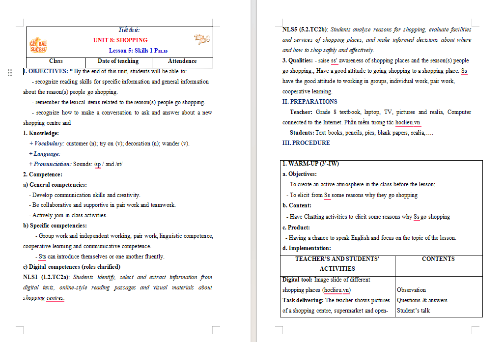 Giáo án tích hợp NLS Tiếng Anh 8 Unit 8: Skills 1