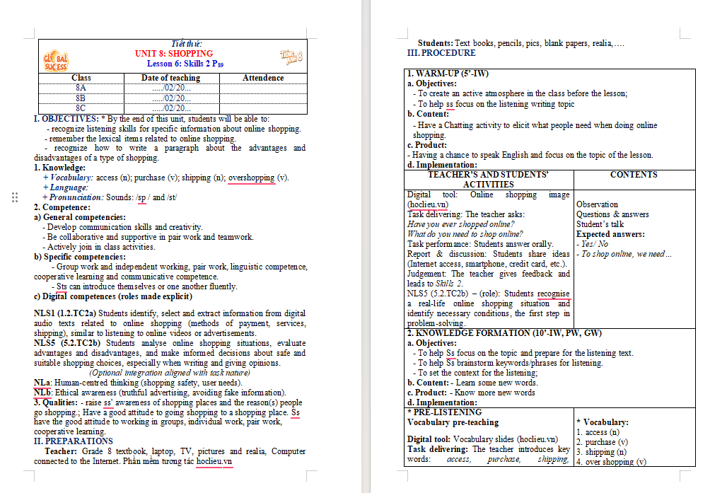 Giáo án tích hợp NLS Tiếng Anh 8 Unit 7: Skills 2