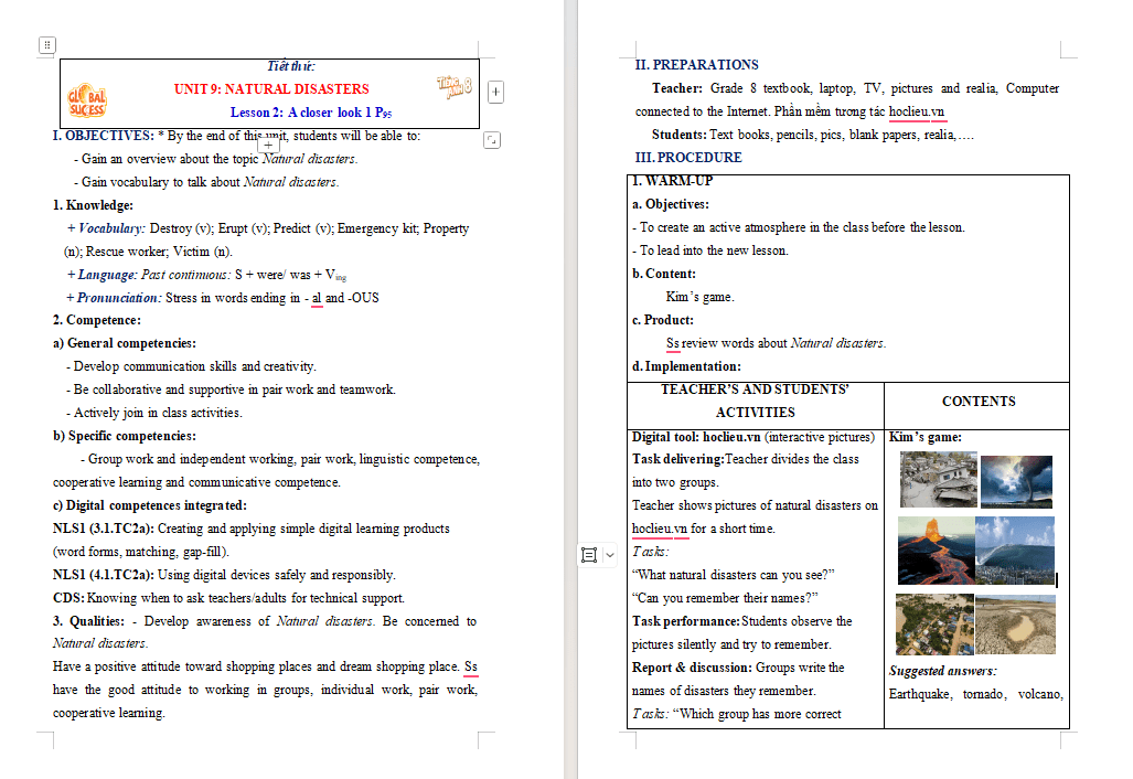 Giáo án tích hợp NLS Tiếng Anh 8 Unit 9: A Closer Look 1