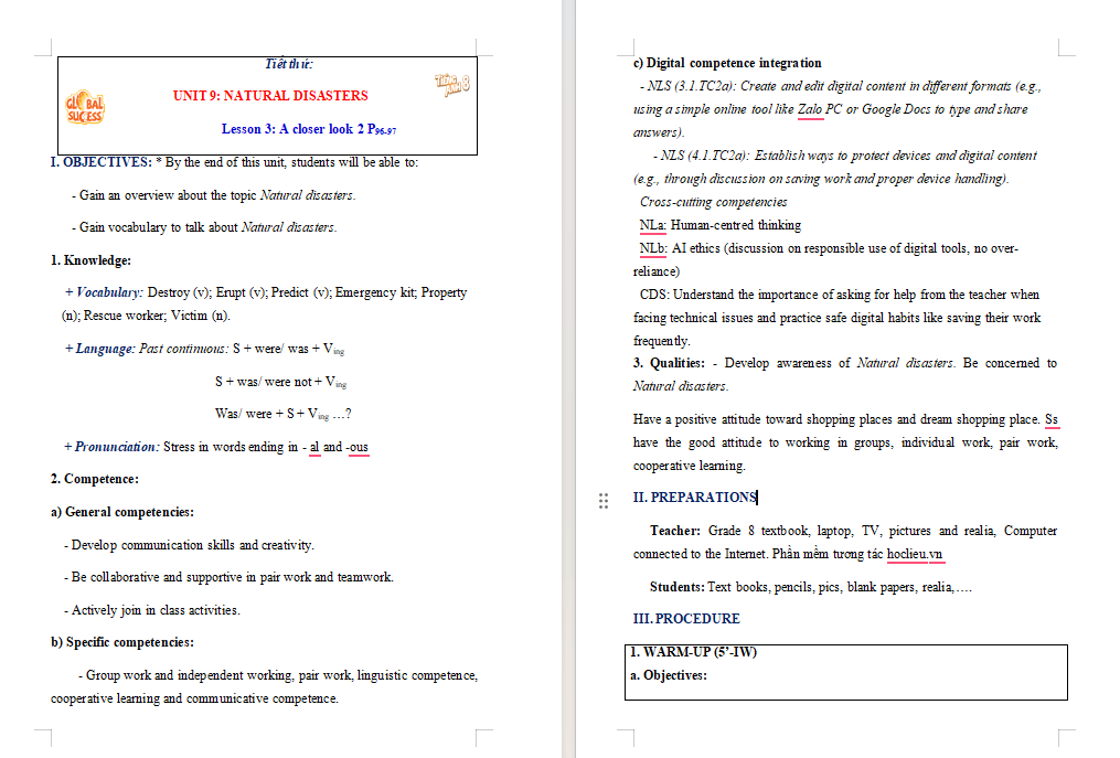 Giáo án tích hợp NLS Tiếng Anh 8 Unit 9: A Closer Look 2