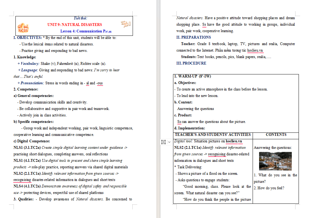Giáo án tích hợp NLS Tiếng Anh 8 Unit 9: Communication