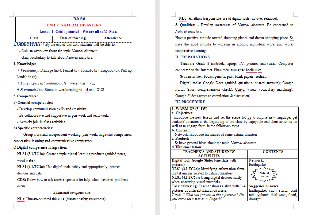 Giáo án tích hợp NLS Tiếng Anh 8 Unit 9: Getting Started