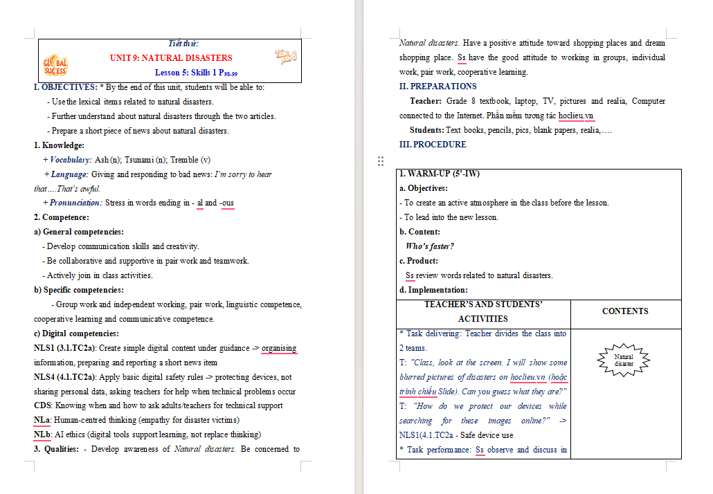 Giáo án tích hợp NLS Tiếng Anh 8 Unit 9: Skills 1