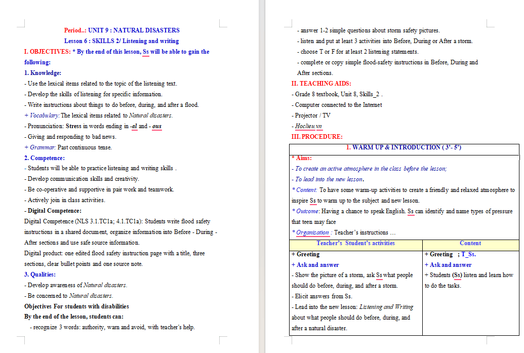 Giáo án tích hợp NLS Tiếng Anh 8 Unit 9: Skills 2
