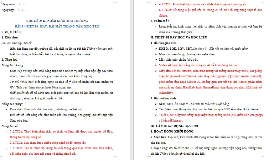 Kế hoạch bài dạy Âm nhạc 9 Tiết 10 NLS