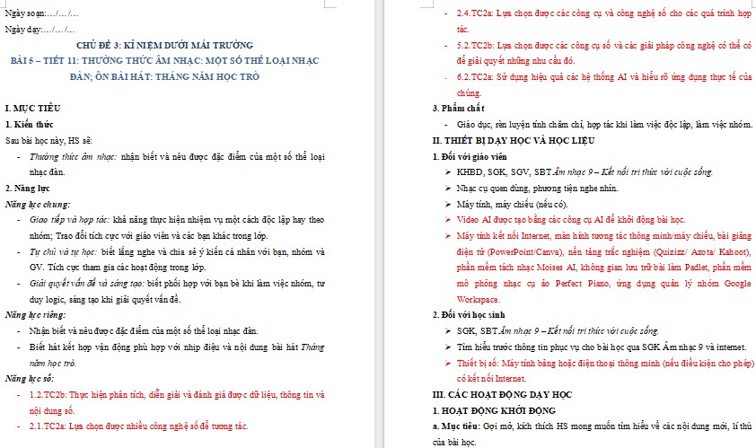 Kế hoạch bài dạy Âm nhạc 9 Tiết 11 NLS