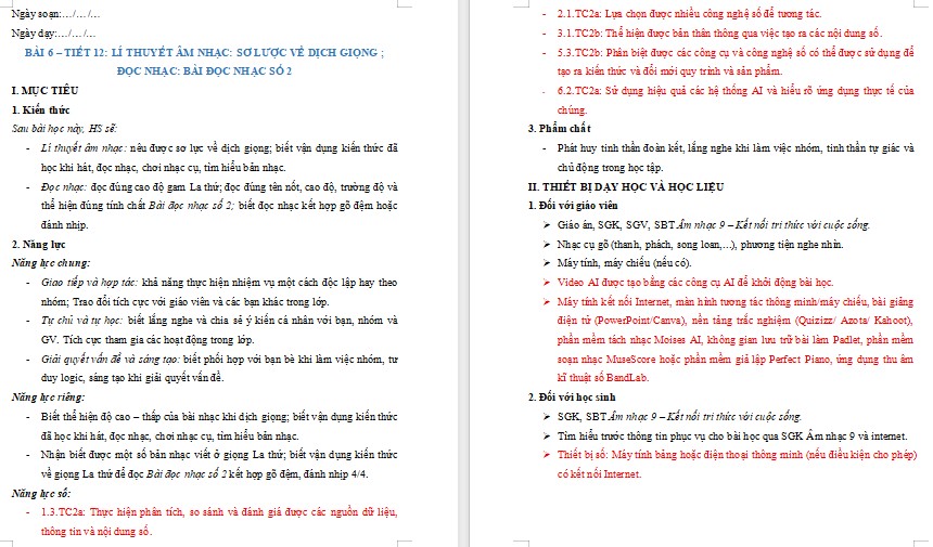 Kế hoạch bài dạy Âm nhạc 9 Tiết 12 NLS