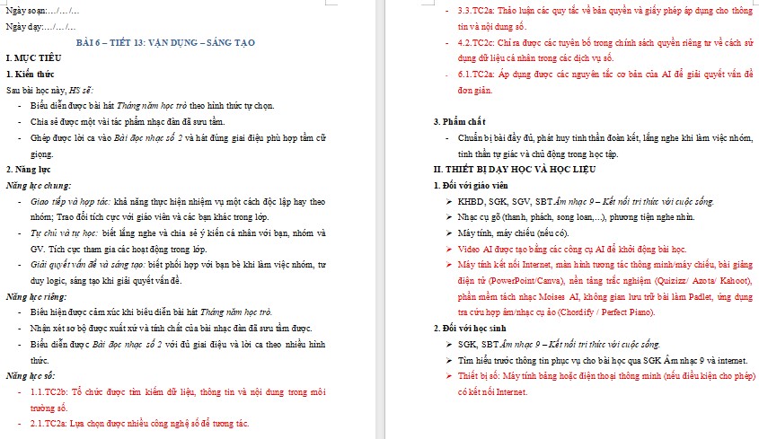 Kế hoạch bài dạy Âm nhạc 9 Tiết 13 NLS