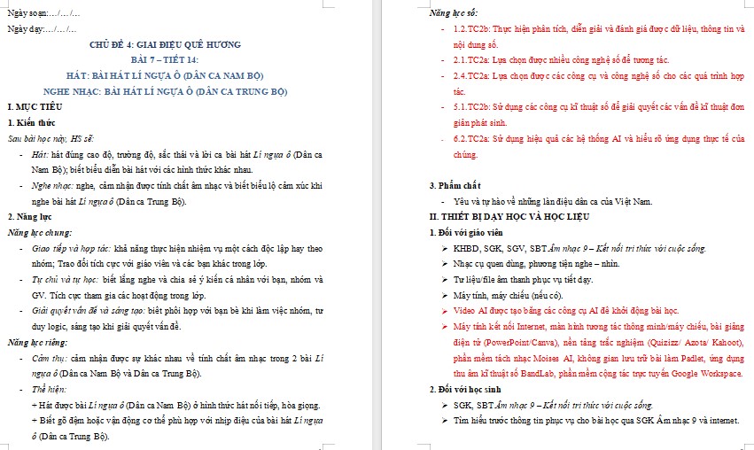 Kế hoạch bài dạy Âm nhạc 9 Tiết 14 NLS