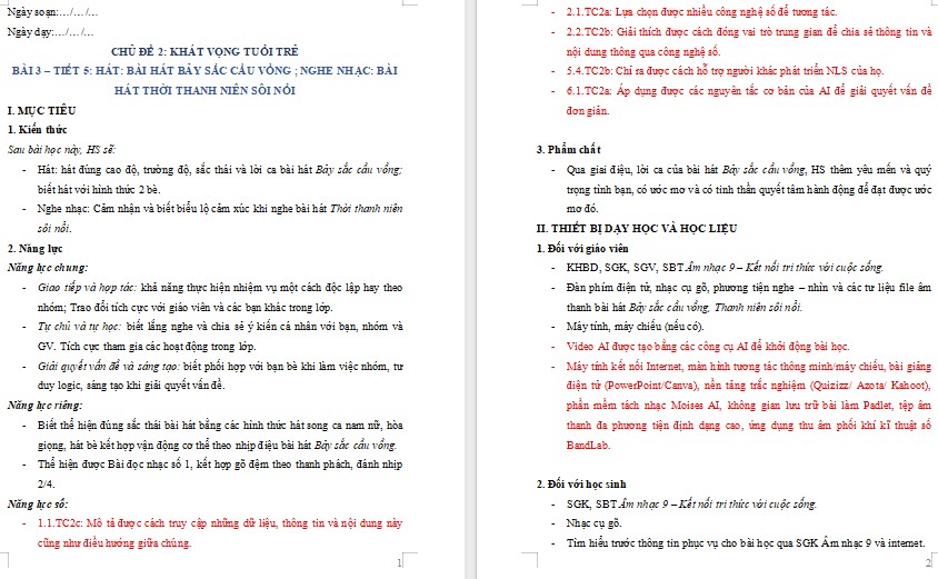 Kế hoạch bài dạy Âm nhạc 9 Tiết 5 NLS