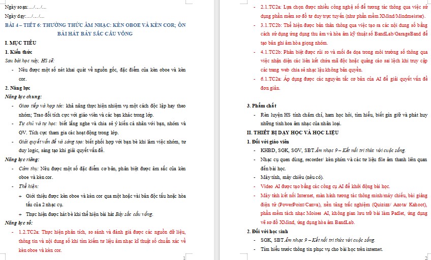 Kế hoạch bài dạy Âm nhạc 9 Tiết 6 NLS
