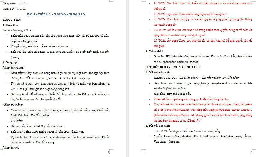 Kế hoạch bài dạy Âm nhạc 9 Tiết 8 NLS