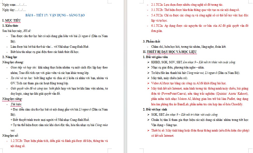 Kế hoạch bài dạy Âm nhạc 9 Tiết 17 NLS